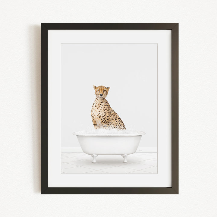 A cheetah sitting in a white bathtub filled with water, looking directly at the camera.