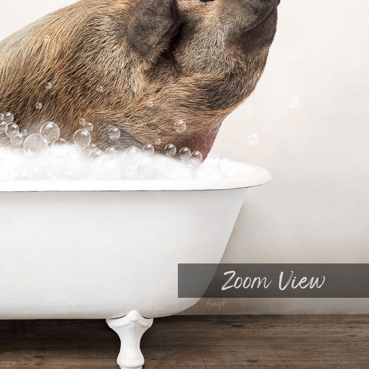 A pig sitting in a white bathtub filled with bubbles, enjoying a bath.