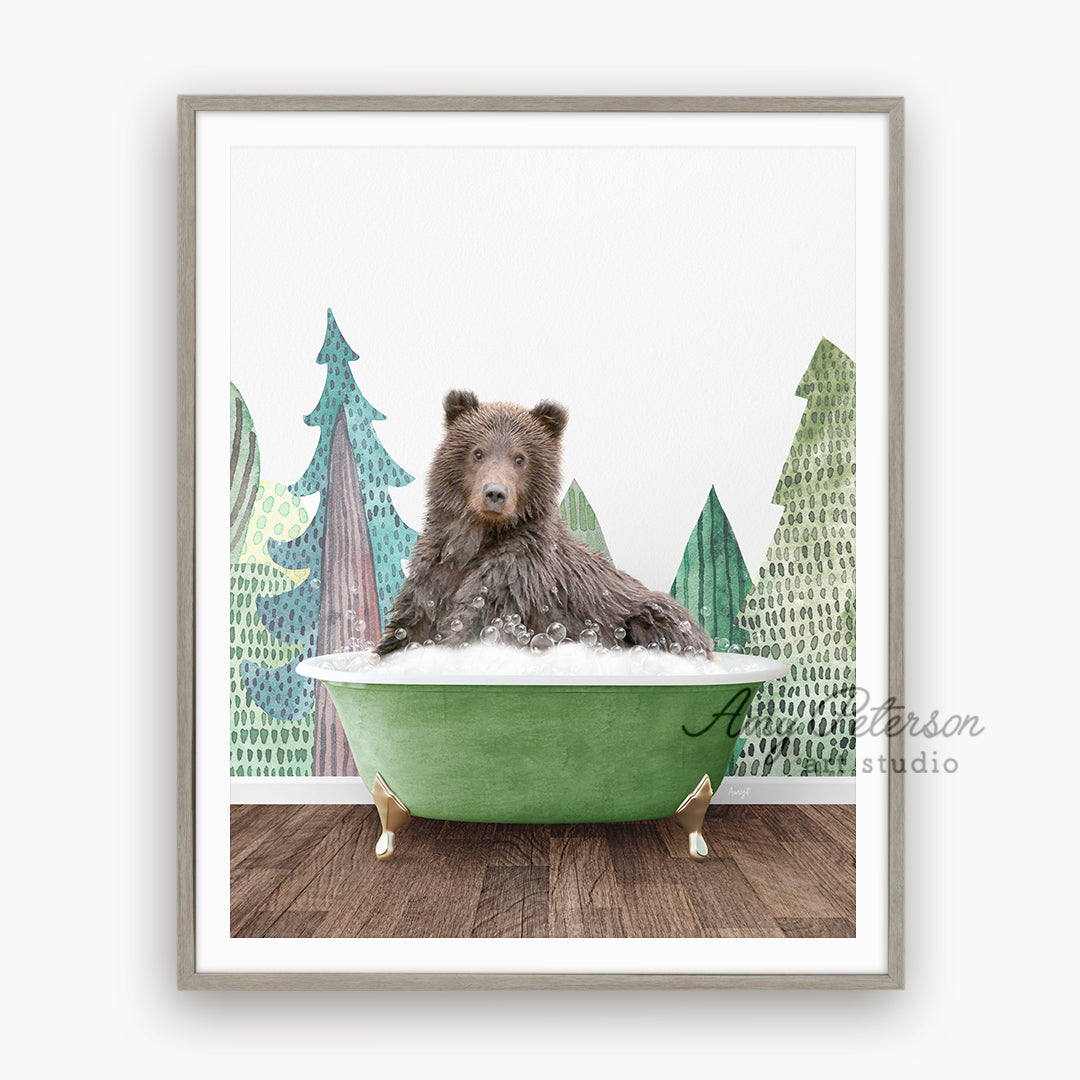 a brown bear sitting in a green bath tub