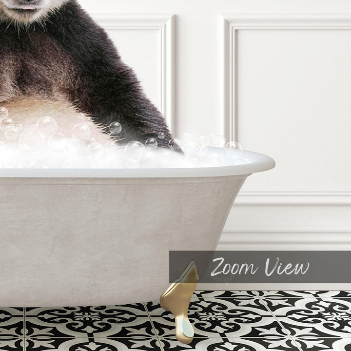 A cat is sitting in a bathtub filled with bubbles, with a text overlay that reads "Zoom View".