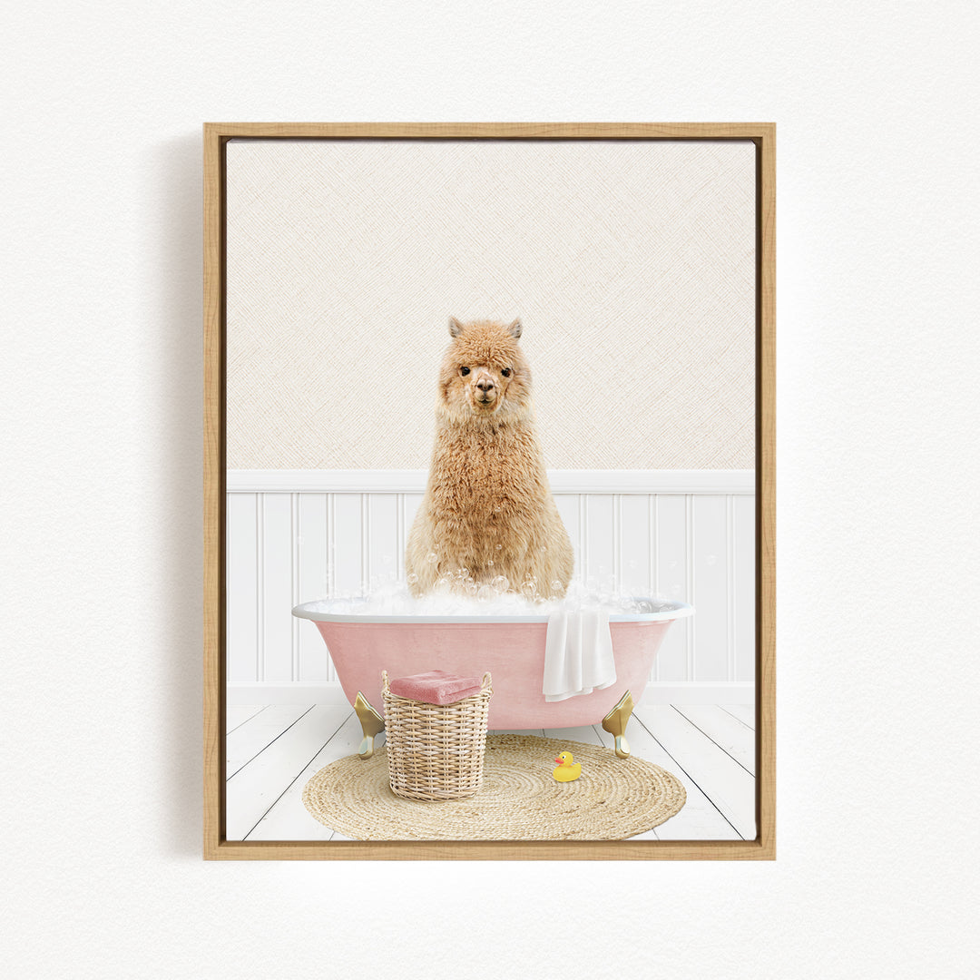 A fluffy brown dog sitting in a pink bathtub filled with bubbles, surrounded by a basket of bath toys and a yellow rubber duck.