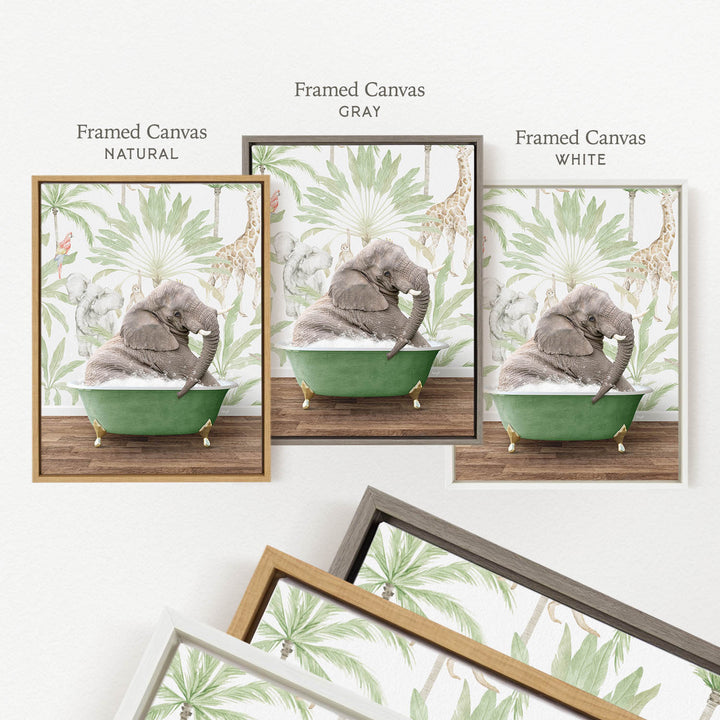 a framed canvas with a picture of an elephant sitting in a green bathtub, surrounded by a tropical jungle-themed background.