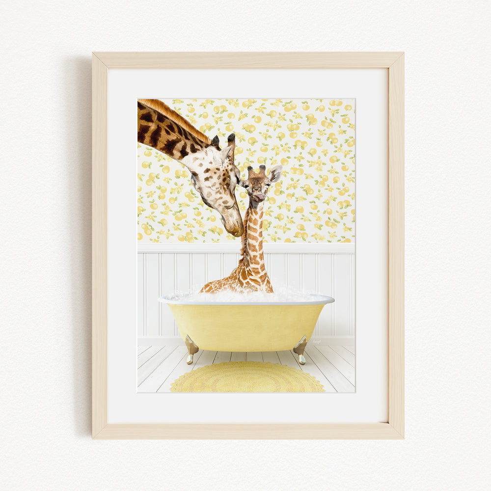 A mother giraffe and her baby giraffe enjoying a bath together in a yellow bathtub, with a yellow floral wallpaper in the background.