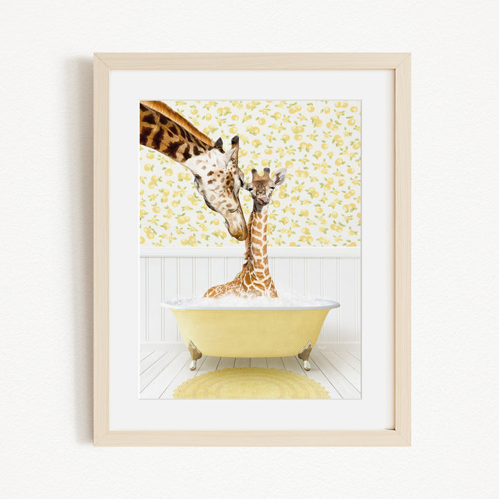 A mother giraffe and her baby giraffe enjoying a bath together in a yellow bathtub, with a yellow floral wallpaper in the background.
