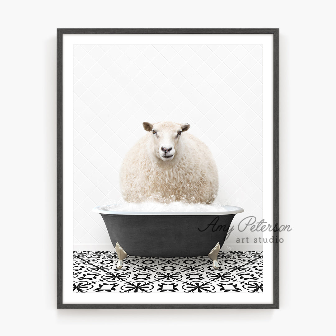 a sheep sitting in a bathtub in a bathroom