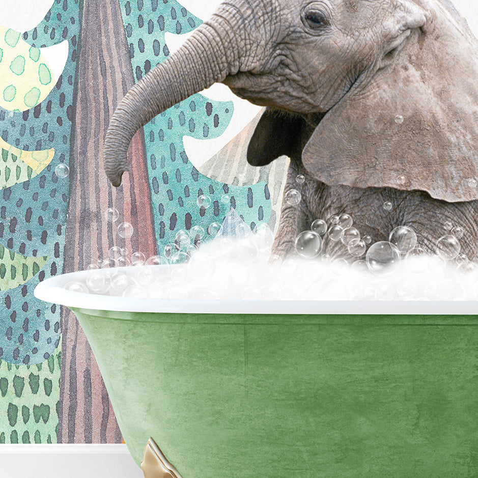 a baby elephant in a bathtub with bubbles