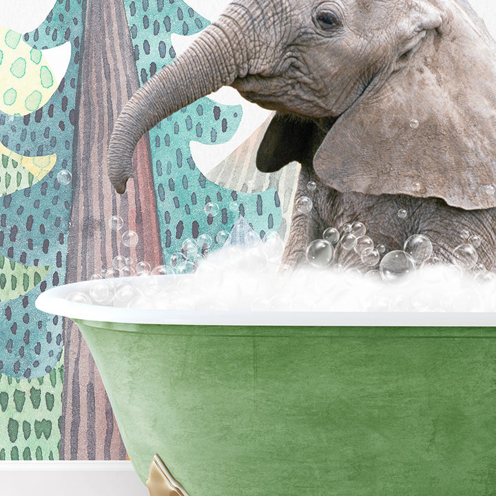 a baby elephant in a bathtub with bubbles