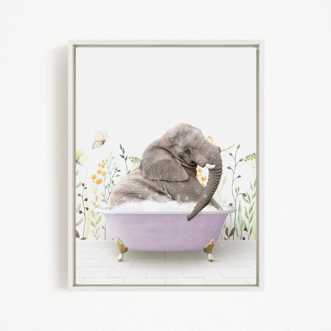 A gray elephant is sitting in a purple bathtub filled with bubbles, surrounded by flowers and plants.