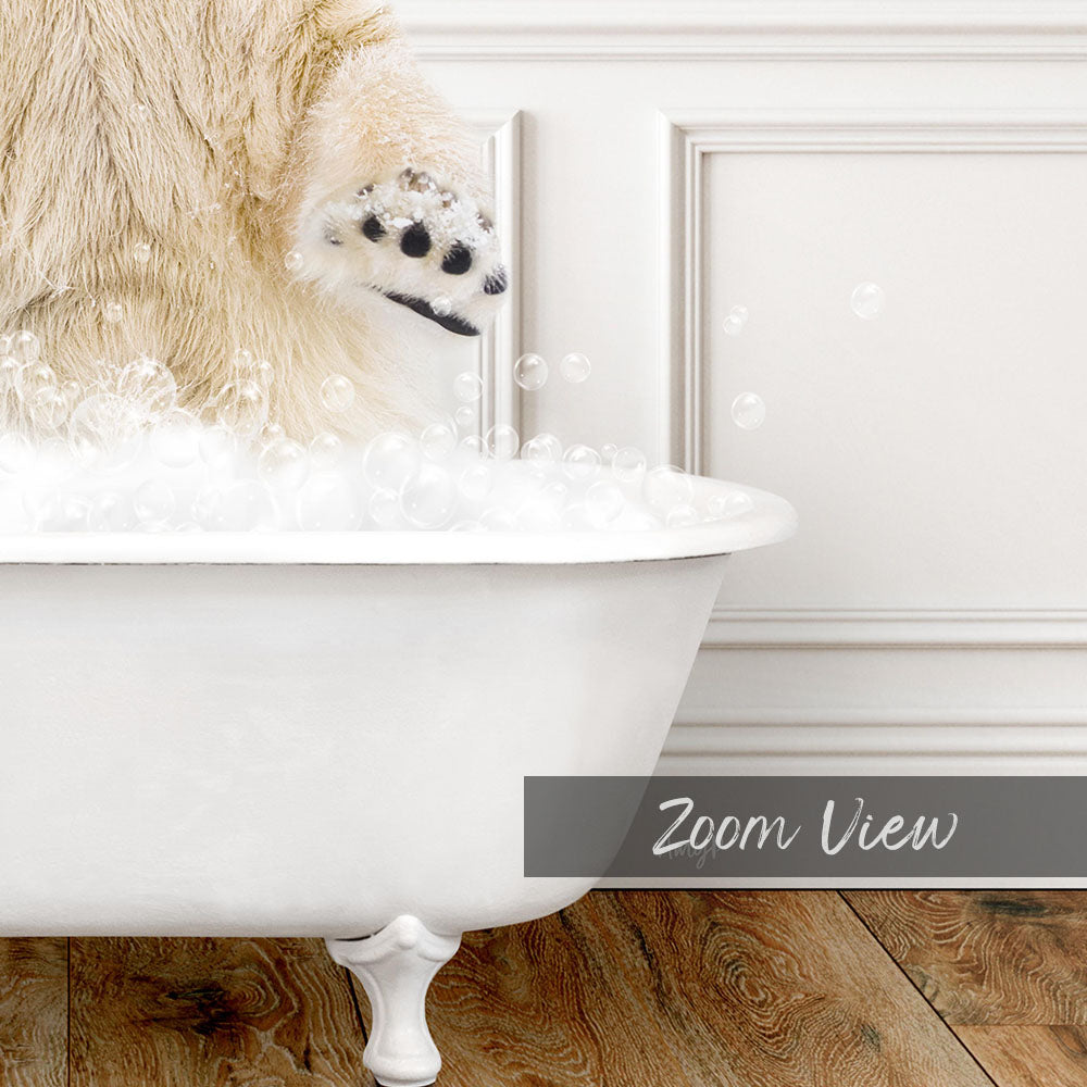 A polar bear is standing in a bathtub filled with bubbles, enjoying a bath.