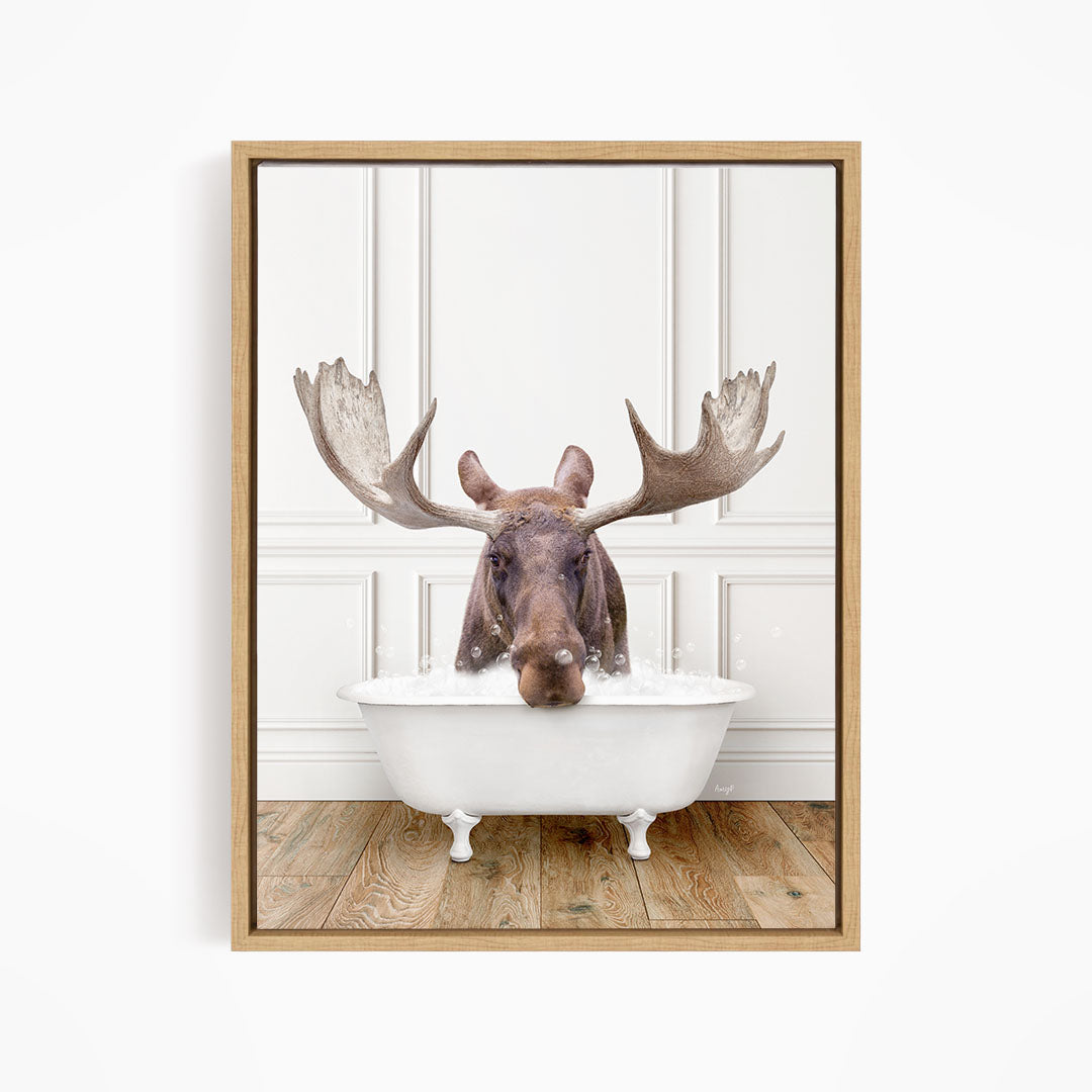A moose with large antlers is sitting in a white bathtub, appearing to enjoy a relaxing soak.