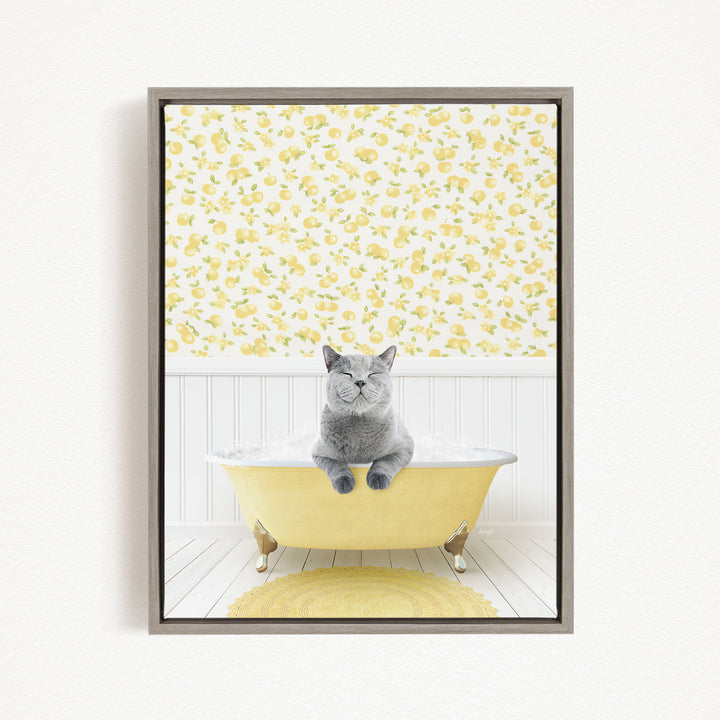 A gray cat sitting in a yellow bathtub, surrounded by a yellow and white floral pattern on the walls.