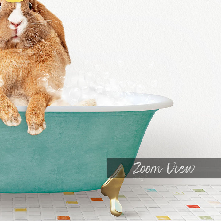 A cute brown rabbit sitting in a green bathtub filled with bubbles, with a "Zoom View" label below the image.