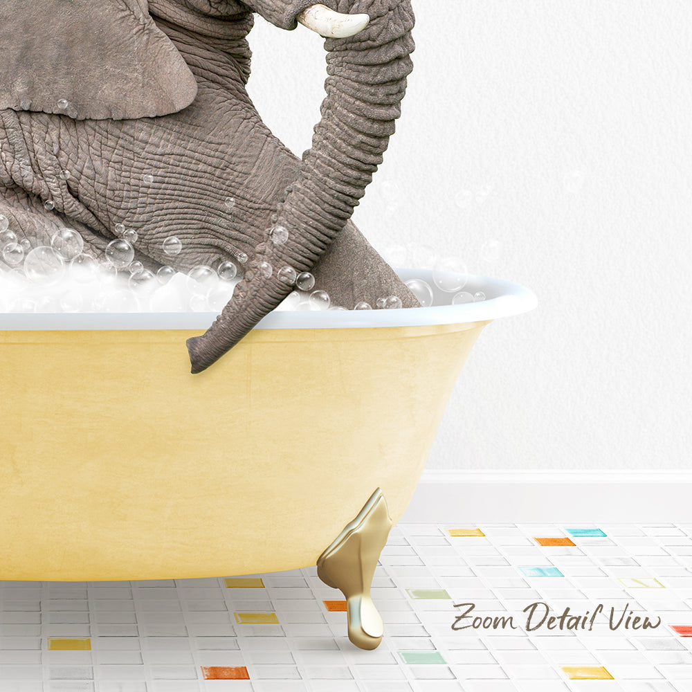 A large elephant is sitting in a yellow bathtub filled with bubbles, with its trunk curled around the edge of the tub.