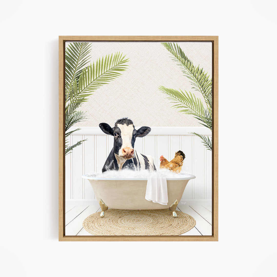 A cow is sitting in a bathtub filled with water, surrounded by a chicken and palm leaves, creating a whimsical and playful scene.