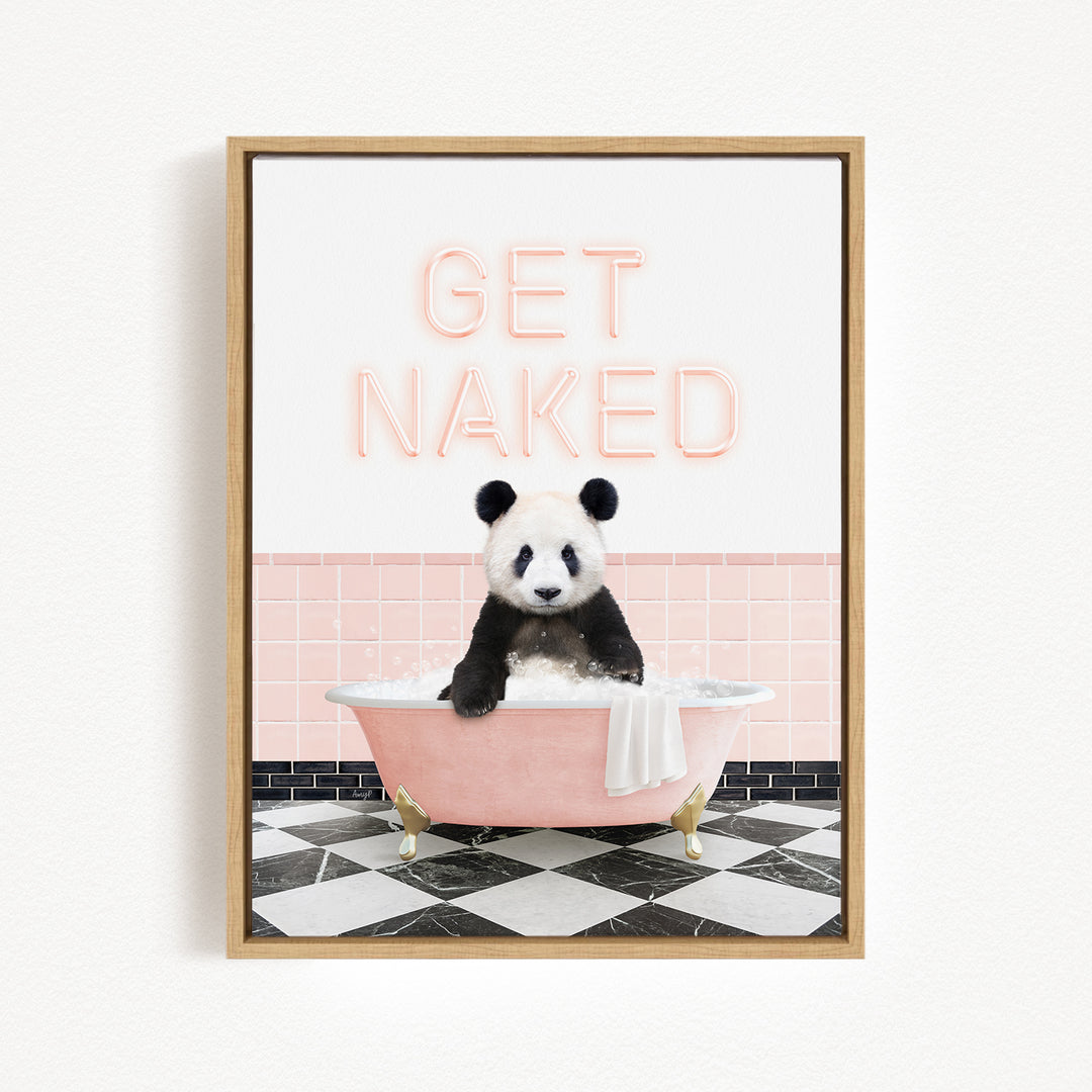 A panda bear sitting in a pink bathtub with the text "GET NAKED" displayed above it.