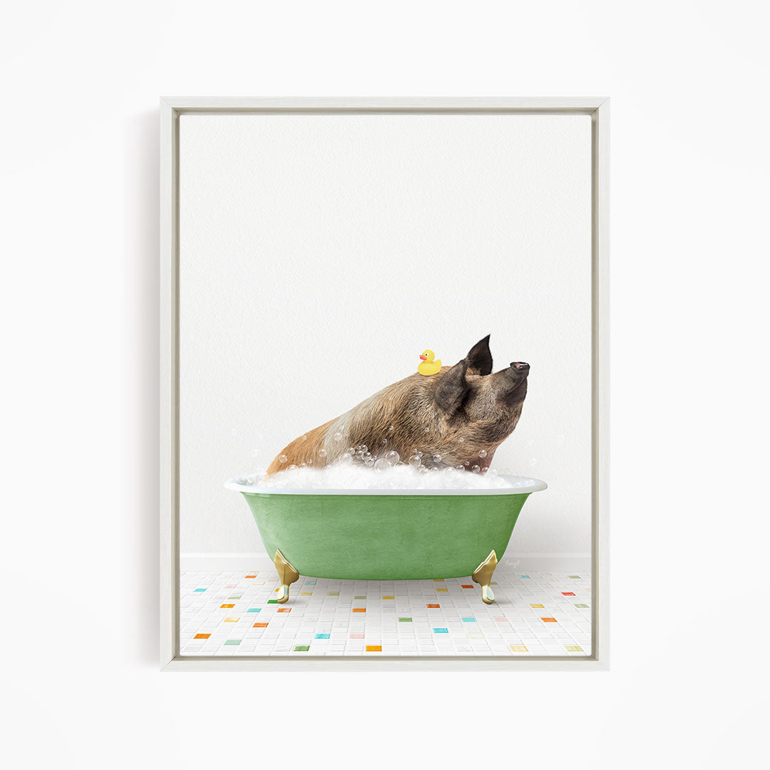 A brown dog is sitting in a green bathtub filled with bubbles, with a rubber duck floating on the water.