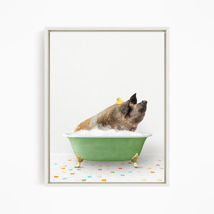 A brown dog is sitting in a green bathtub filled with bubbles, with a rubber duck floating on the water.