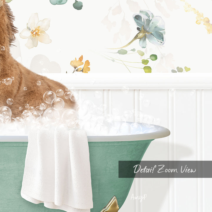 A dog is sitting in a bathtub filled with bubbles, surrounded by a floral wallpaper.