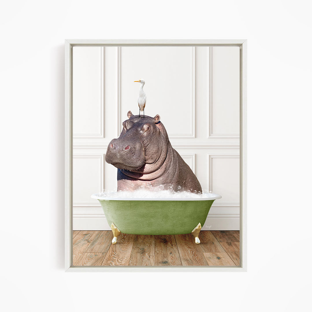 A large hippopotamus sitting in a green bathtub, with a white bird perched on its head.