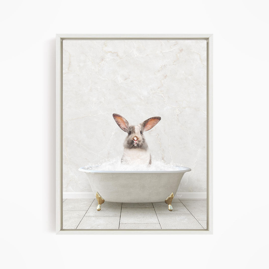 A white rabbit sitting in a white bathtub filled with water, looking directly at the camera.