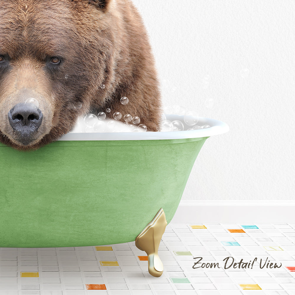 A brown bear is sitting in a green bathtub filled with bubbles, creating a whimsical and playful scene.