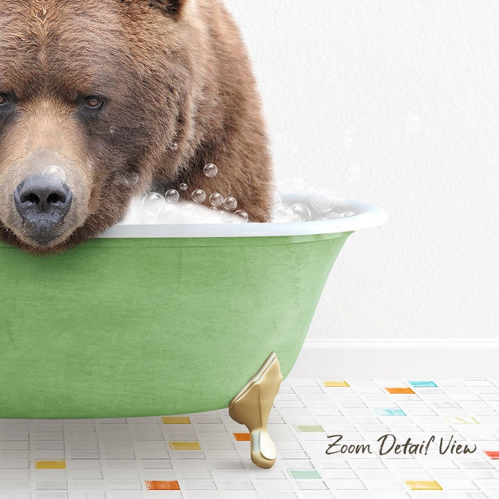 A brown bear is sitting in a green bathtub filled with bubbles, creating a whimsical and playful scene.
