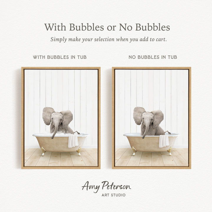 The image is a collage of two pictures, each featuring an elephant sitting in a bathtub. The elephant in the bathtub has bubbles, while the elephant in the other bathtub does not have bubbles. The collage is titled "With Bubbles or No Bubbles" and is created by Amy Peterson from Art Studio.