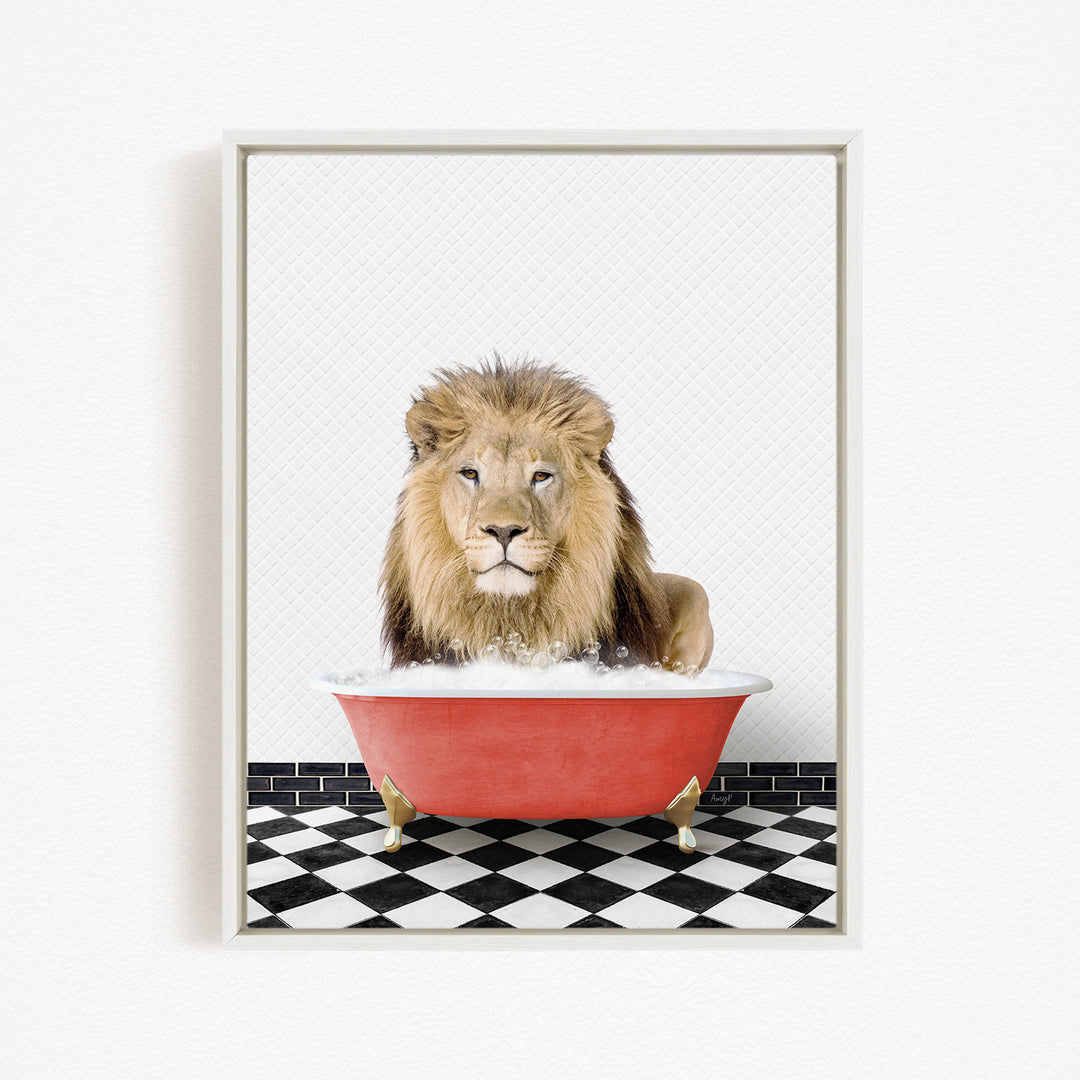A lion sitting in a red bathtub filled with bubbles, with a black and white checkered floor in the background.