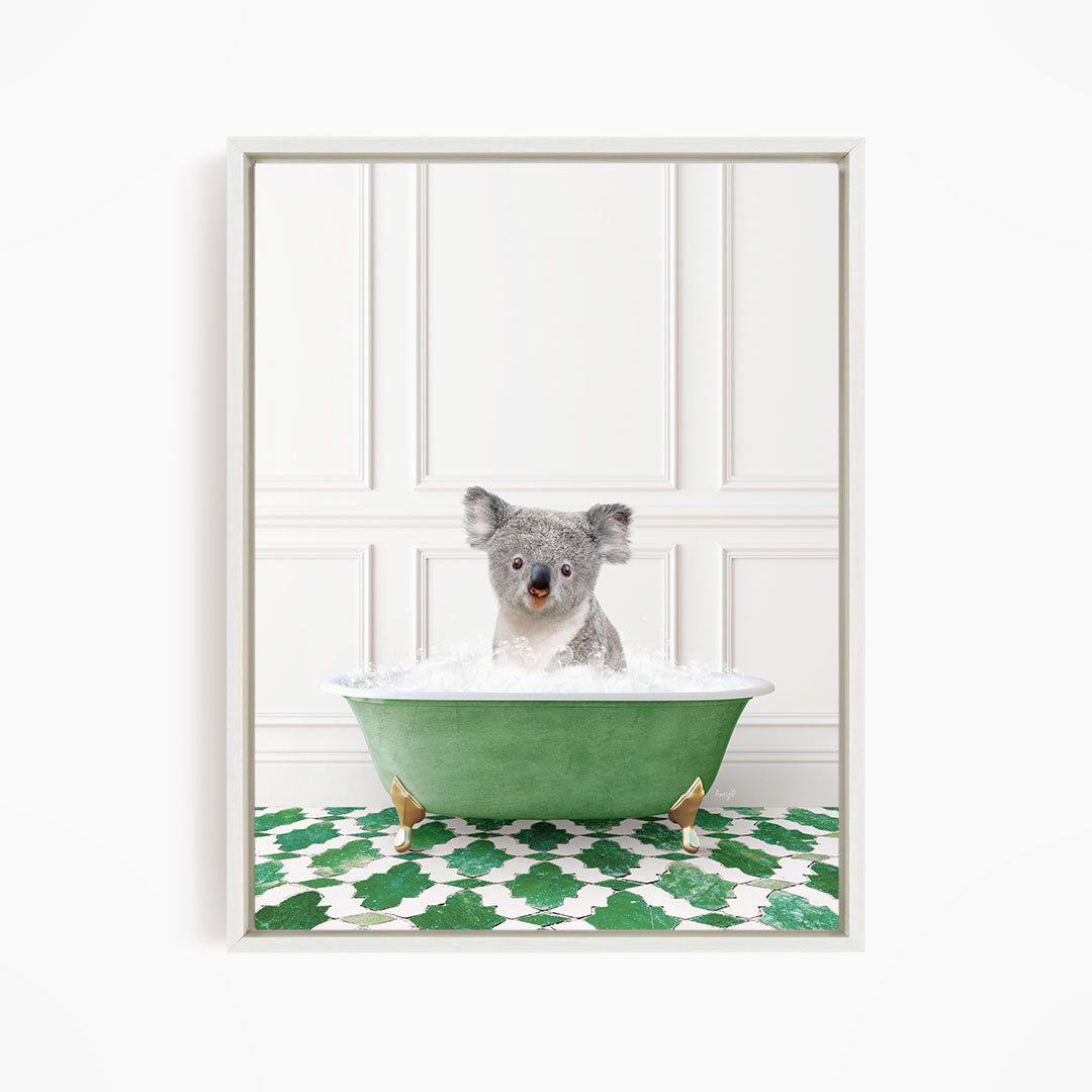 A koala bear sitting in a green bathtub filled with water, surrounded by a green and white patterned floor.