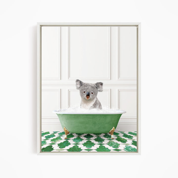 A koala bear sitting in a green bathtub filled with water, surrounded by a green and white patterned floor.