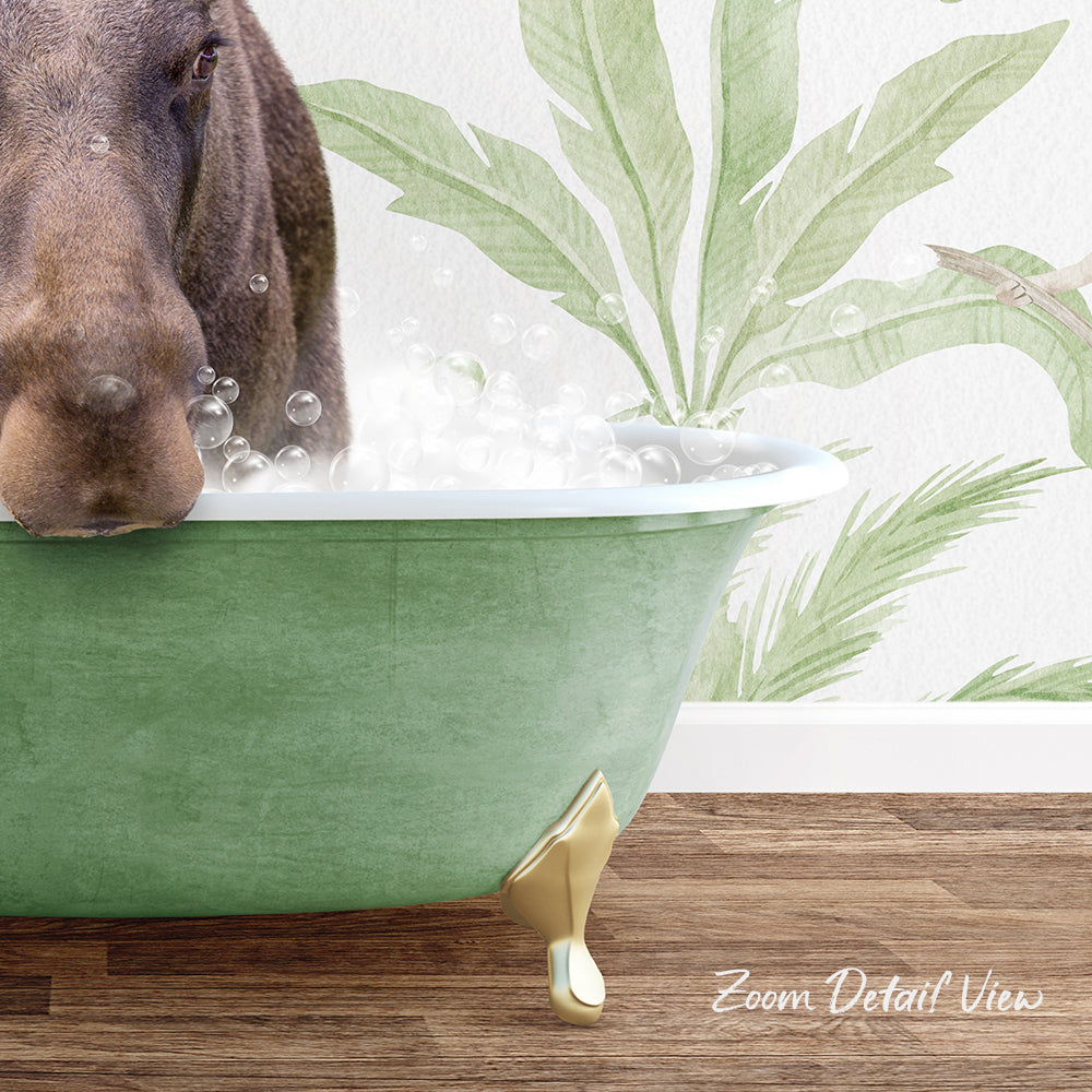 A dog is sitting in a green bathtub filled with bubbles, with a palm tree mural in the background.