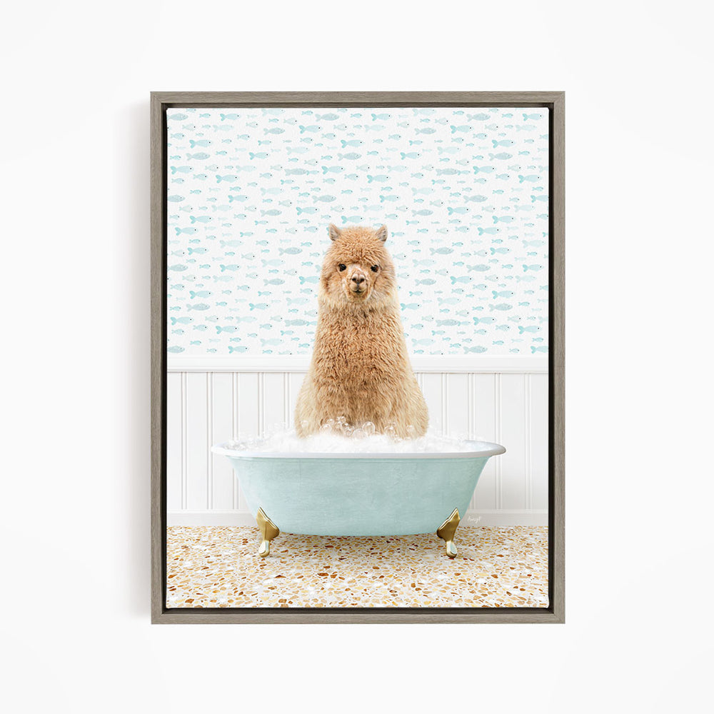 A fluffy brown dog sitting in a light blue bathtub filled with bubbles, surrounded by a patterned wall and a tiled floor.
