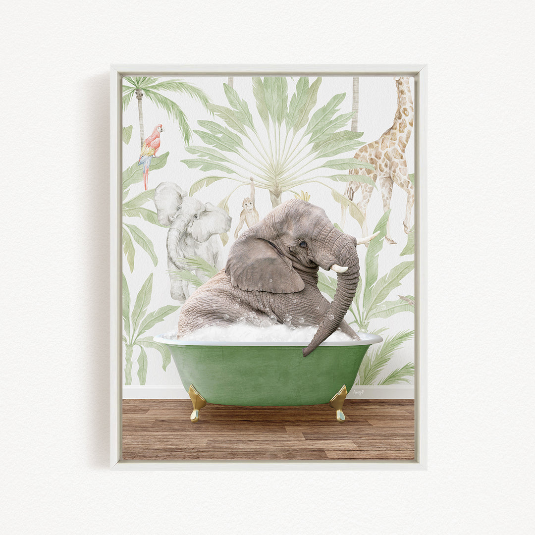 A gray elephant is sitting in a green bathtub, surrounded by tropical foliage and other animals, creating a whimsical and playful scene.