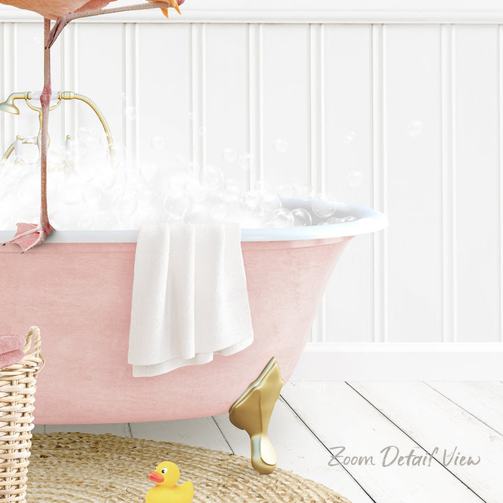 A pink claw-foot bathtub filled with bubbles, with a towel hanging on the side and a rubber duck nearby.