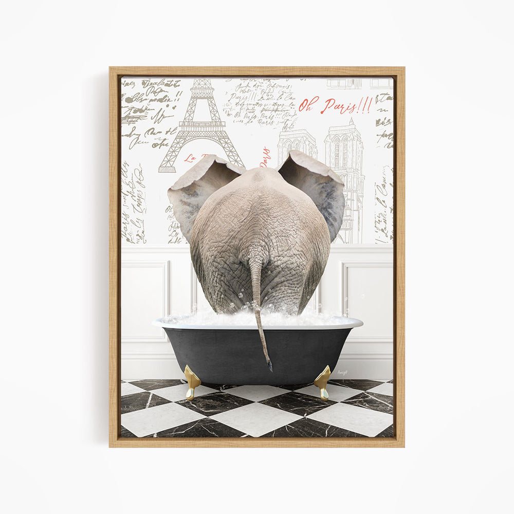 An elephant is sitting in a bathtub filled with water, surrounded by a checkered floor and a wall with the Eiffel Tower and other Parisian landmarks.