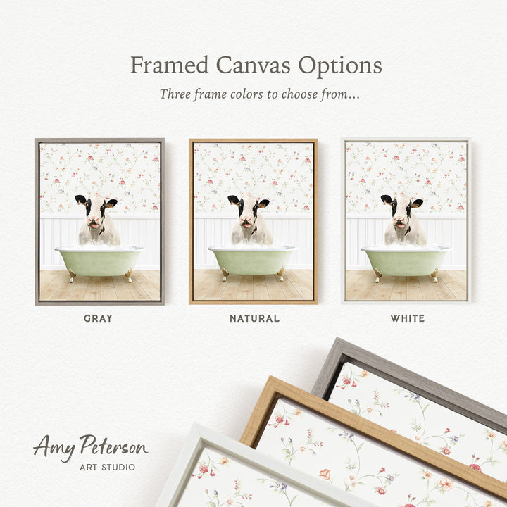 The image is a framed canvas option featuring three different framed pictures of a cow in a bathtub, each with a different frame color: gray, natural, and white.