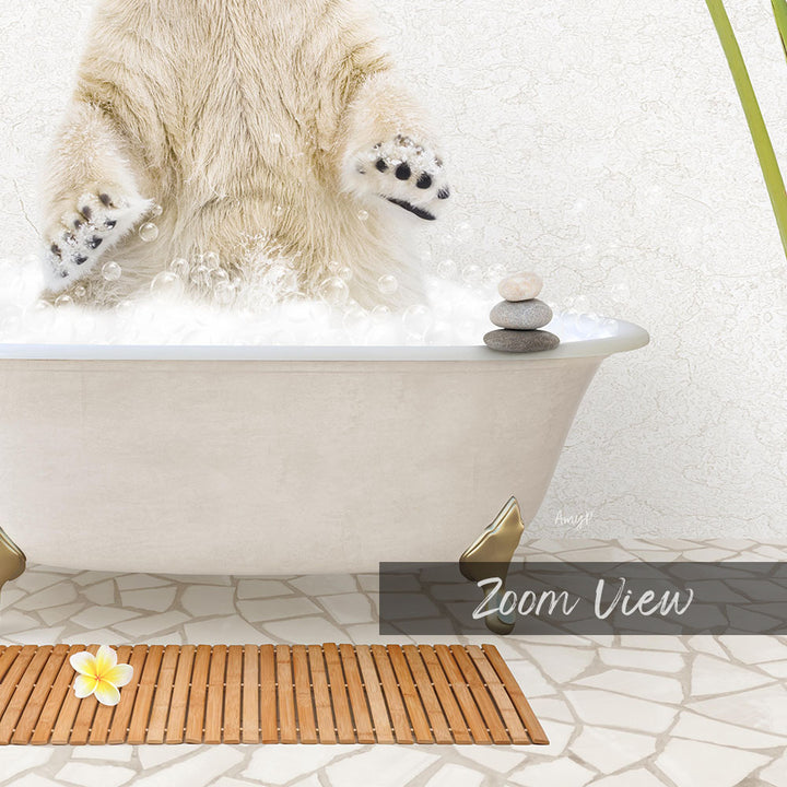 A polar bear is standing in a bathtub filled with bubbles, with a wooden mat and a small yellow flower nearby.