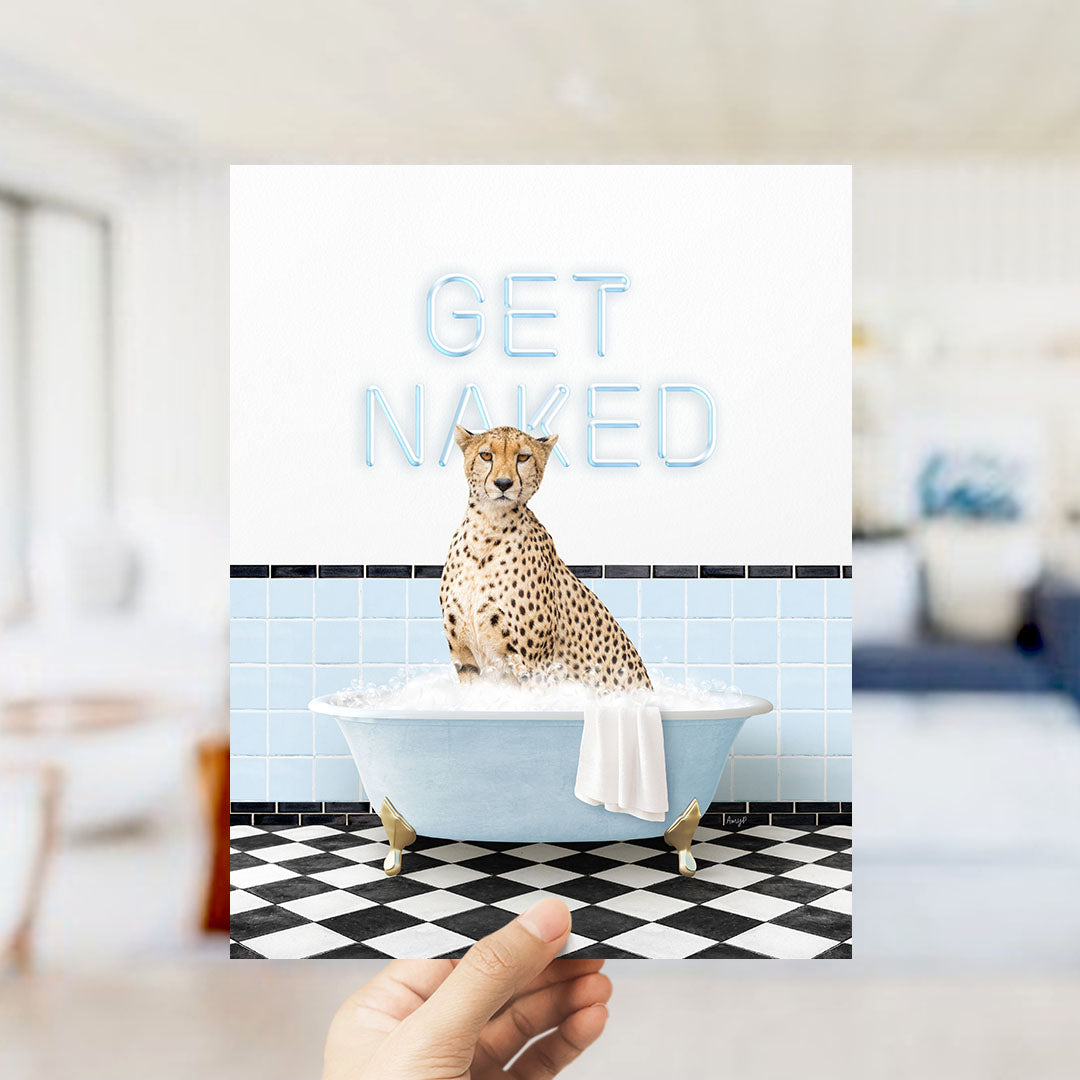 A cheetah sitting in a bathtub with the text "GET NAKED" displayed above it.
