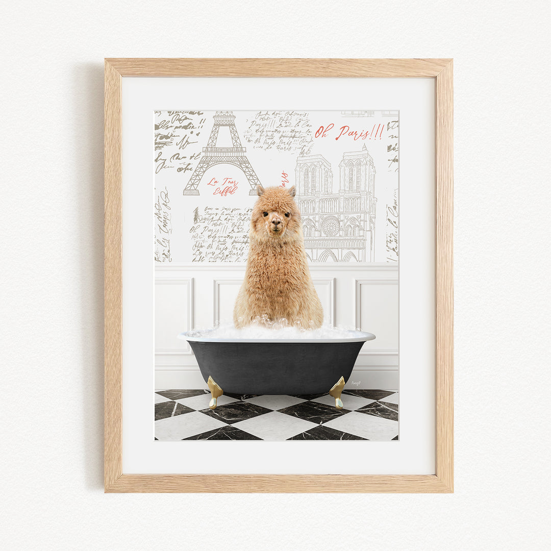 A fluffy brown dog sitting in a black bathtub, with a Paris-themed background featuring the Eiffel Tower and other landmarks.