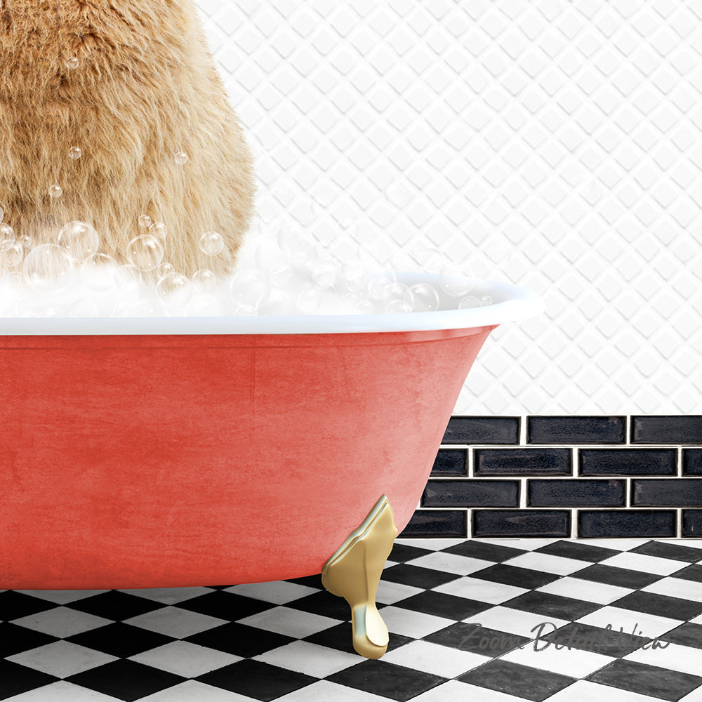 A red claw-foot bathtub filled with bubbles, with a cat sitting inside and enjoying the bath.