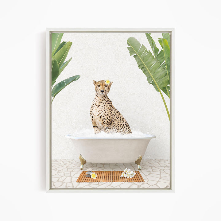 A cheetah sitting in a white bathtub filled with bubbles, surrounded by tropical plants and flowers.