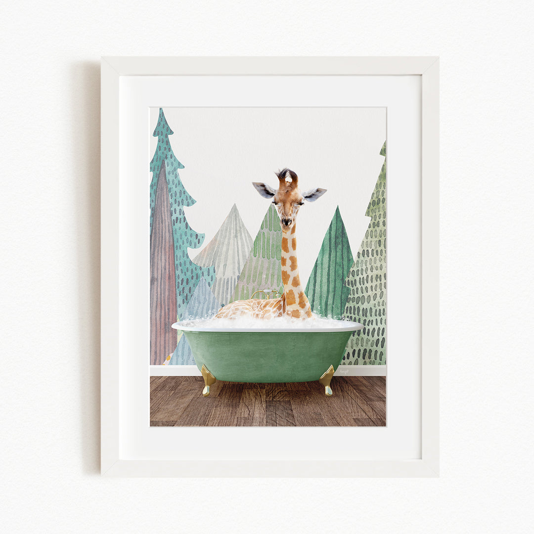 A giraffe standing in a green bathtub, surrounded by stylized trees and a forest-like background.