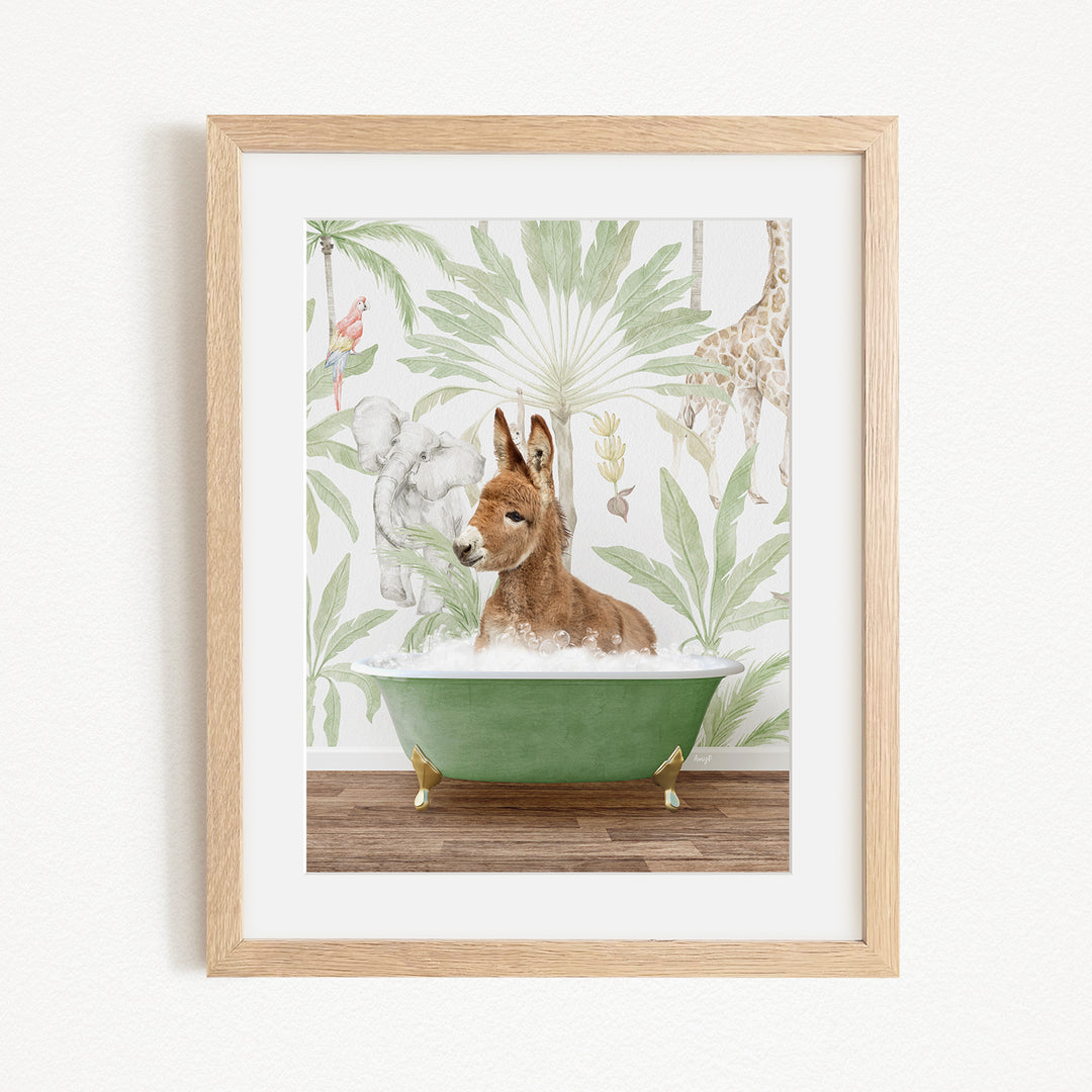A framed illustration depicting a kangaroo sitting in a green bathtub, surrounded by a tropical jungle scene with various animals and plants.