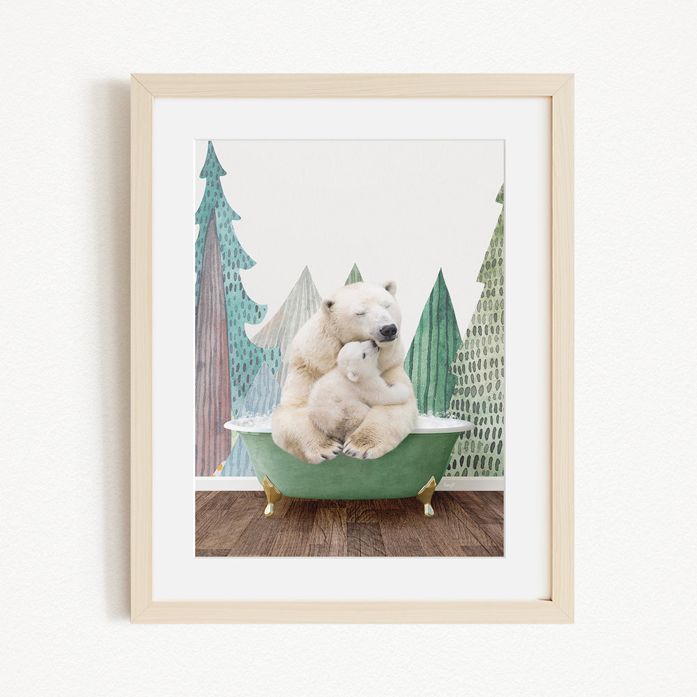 A framed image depicting two polar bears sitting in a green bathtub, with a forest scene in the background.