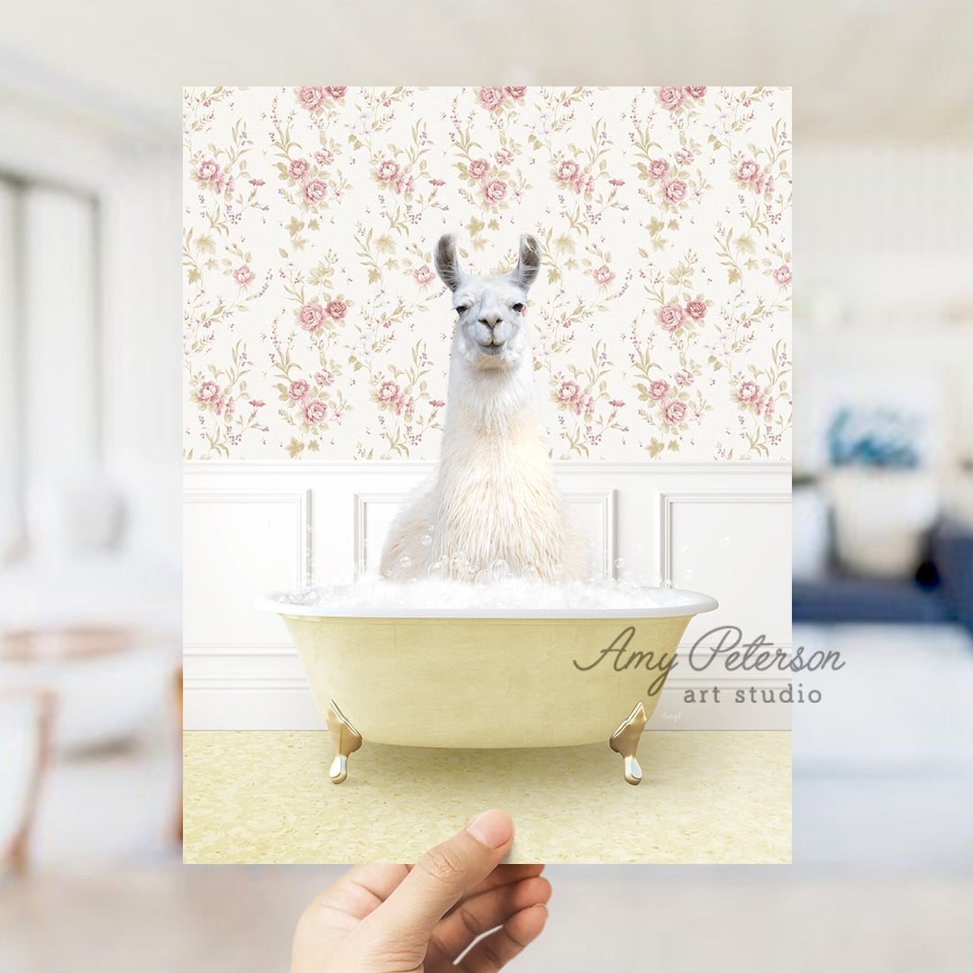 a hand holding a card with a llama in a bathtub