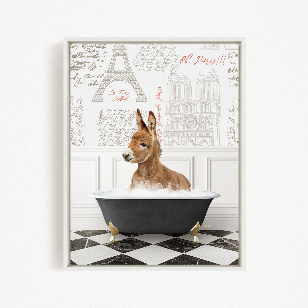 A donkey is sitting in a bathtub filled with water, surrounded by a wall with various texts and drawings related to Paris.