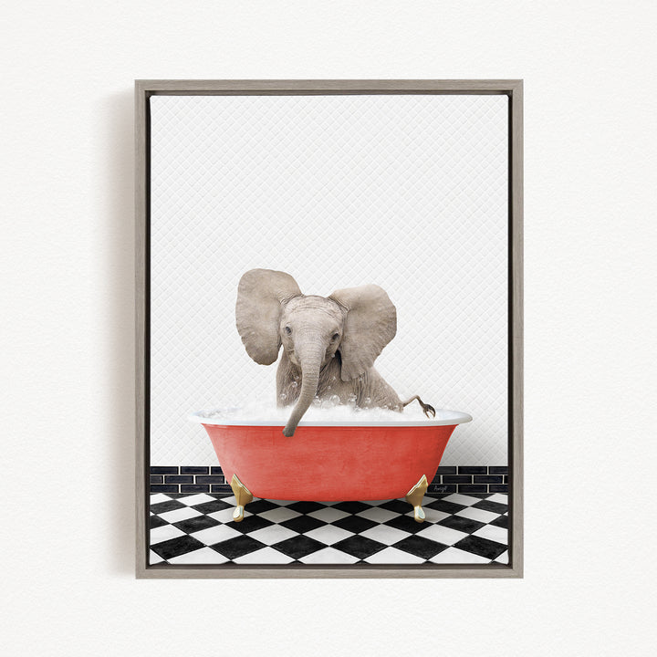 A gray elephant is sitting in a red bathtub, surrounded by a black and white checkered floor.