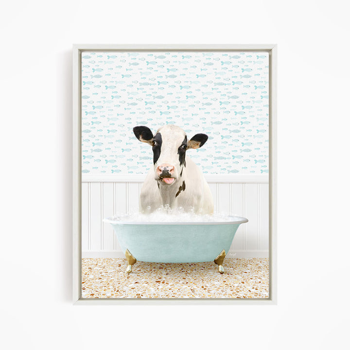 A cow is sitting in a bathtub filled with water, surrounded by a pattern of fish.