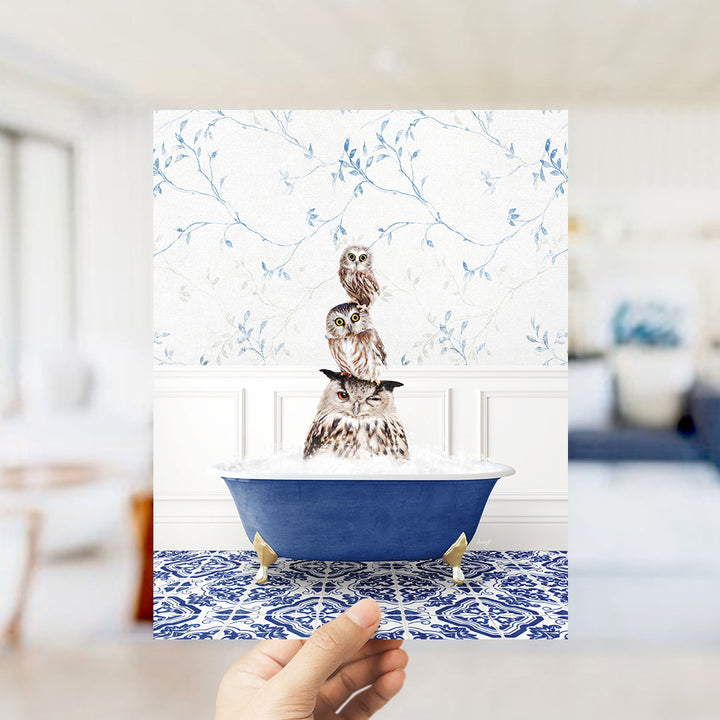A hand holds up a framed image of three owls sitting in a blue bathtub, with a floral wallpaper in the background.