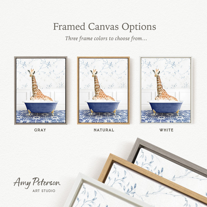 The image is a framed canvas option featuring three different framed pictures of a giraffe in a bathtub, each with a different frame color: gray, natural, and white.